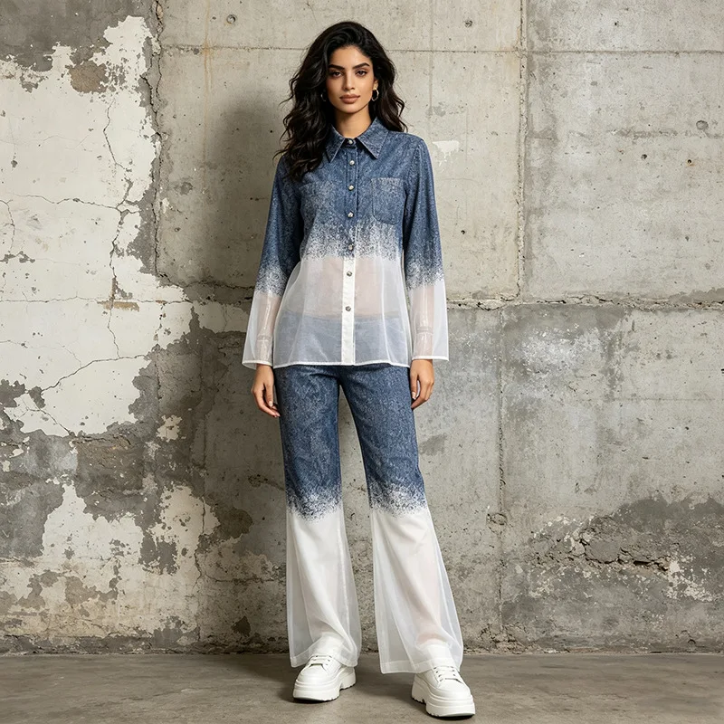 ZAMOR HIGH STREET 2026 New Gradient Denim Shirt and High-Waist Flare Pants Two-Piece Set Women Casual