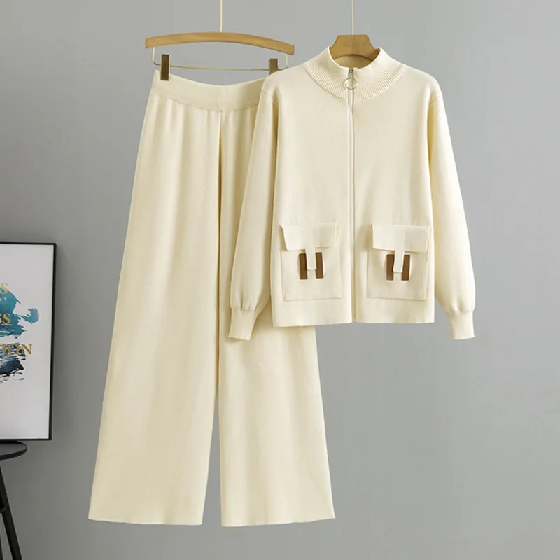 

Women 2 Piece Set Knit Sweater Jacket Cardigan Wide Leg Pant Muslim Casual Knitted Outfits Tracksuit Suit Autumn Winter Knitwear