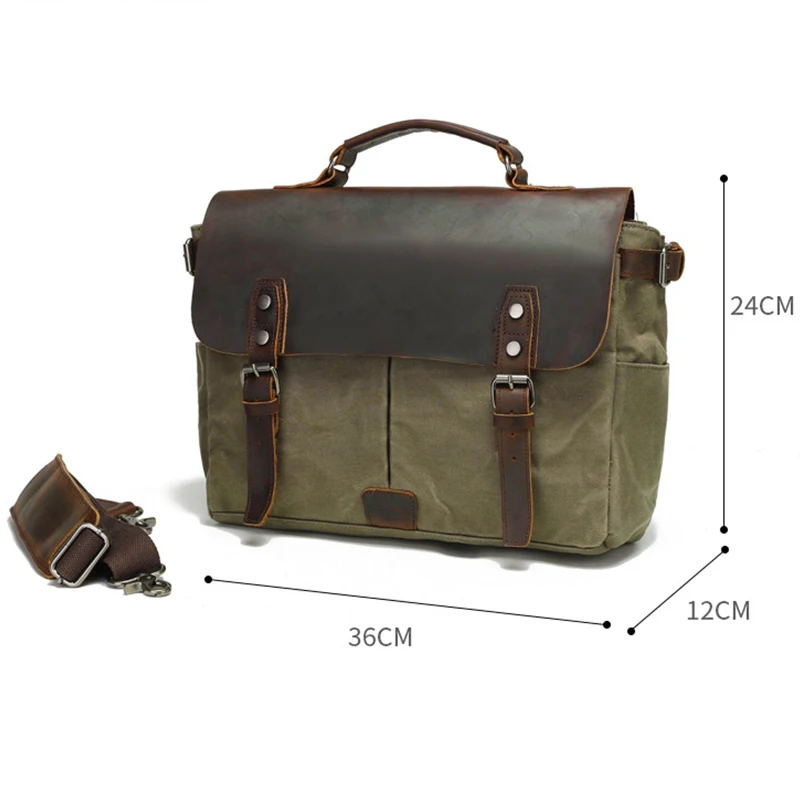 Vintage Distressed Waxed Canvas Satchel Bag for Men Detachable Adjustable Shoulder Strap Laptop Briefcase Casual Messenger Bag