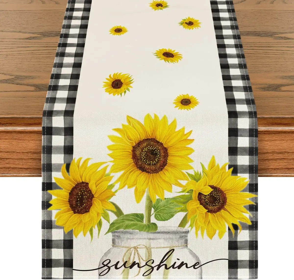 

Sunflower Vase Buffalo Plaid Spring Table Runner Seasonal Summer Kitchen Dining Table Decoration for Home Wedding Party Decor