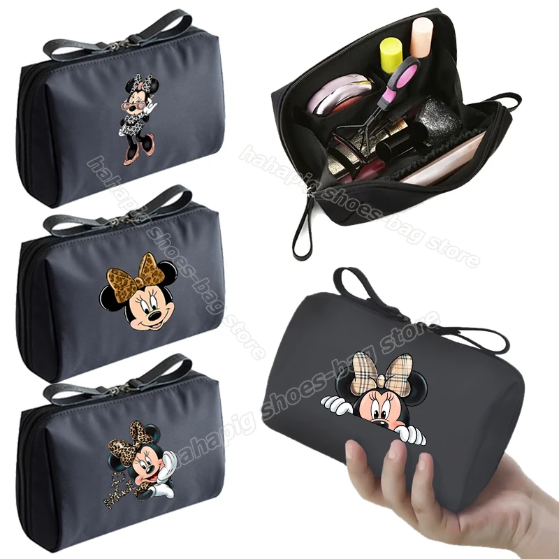 Borsa per il trucco del Mouse Minnie per le donne borsa per cosmetici portatile con stampa leopardata borsa per il trucco piccola borsa per il