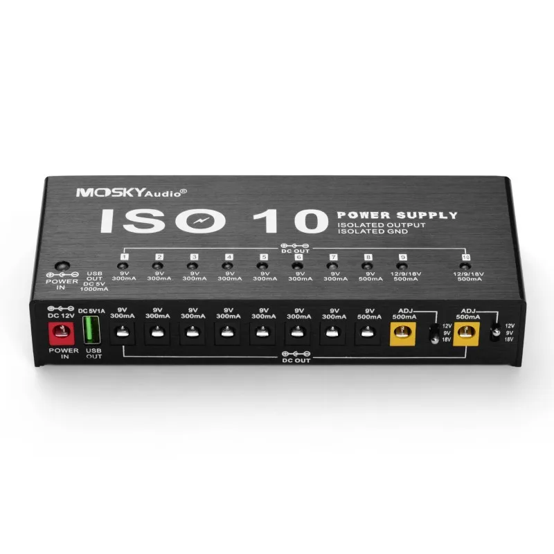 MOSKYAUDIO ISO10 Guitar Effect Pedal Power Supply Station 10 Isolated DC Outputs & One 5V USB Output for 9V 12V 18V Effects