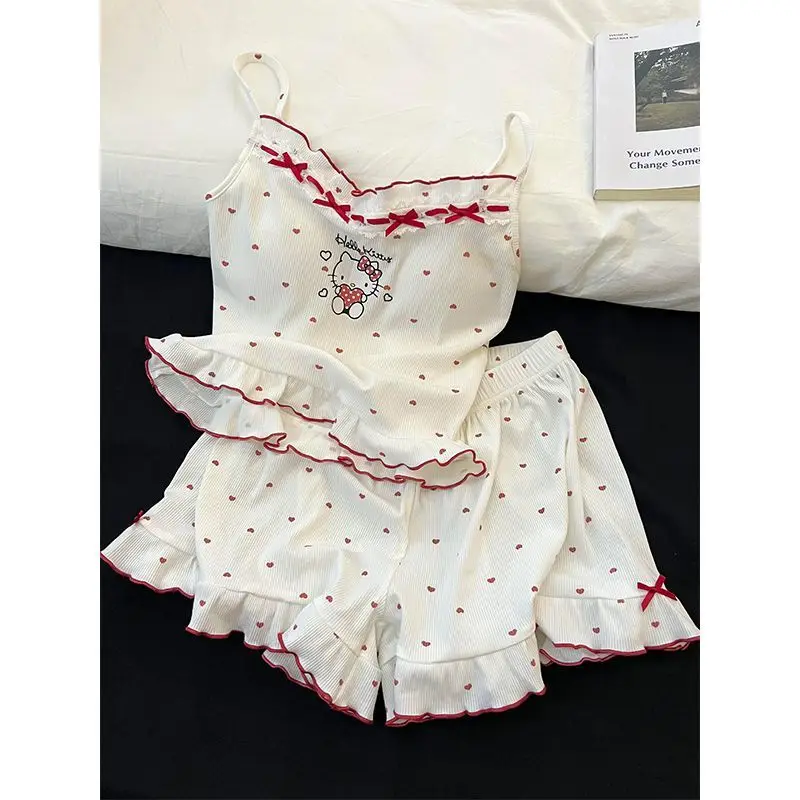 Cute sweet girl Hello kitty printed pajamas cartoon summer sleeveless shorts home clothes can be worn outside holiday gifts - view 6