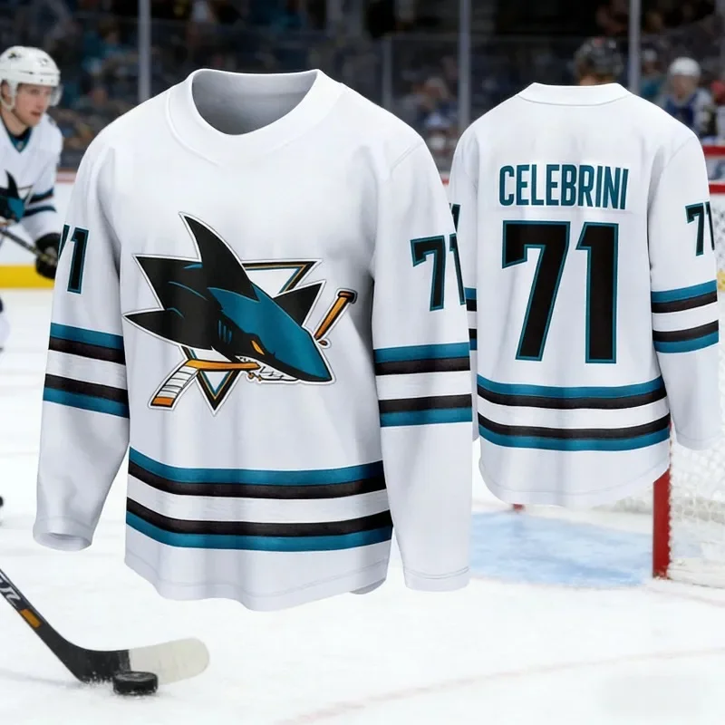 San Jose Sharks Celebrini #71 Sturm #7 Musty #27 NHL Ice Hockey Jersey Men Long Sleeve Fan Game Shirt