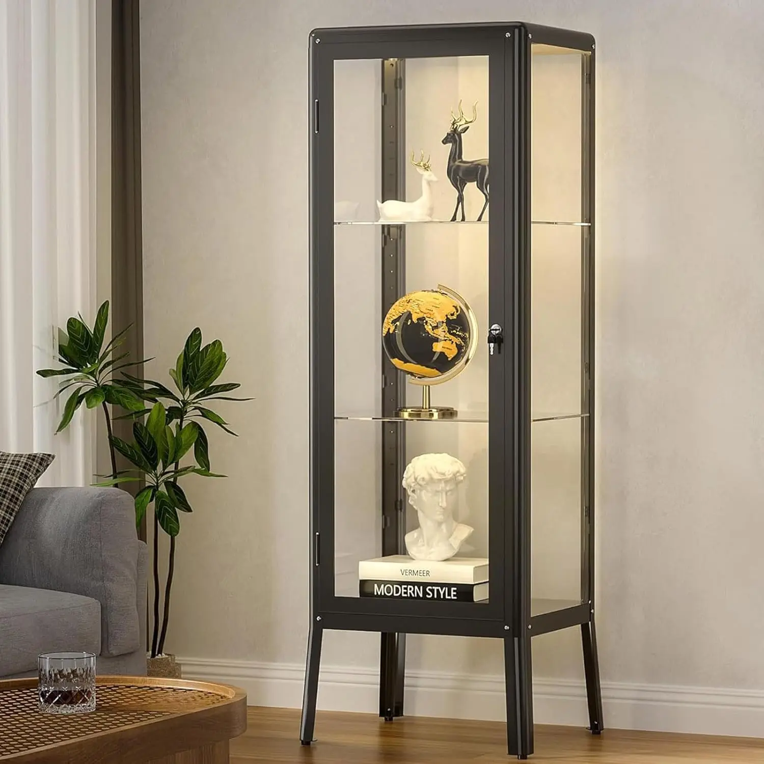 

Glass Display Cabinet with Adjustable 3-Shelf Shelves, Lock and Door, Dust-Proof, LED Light, Curio