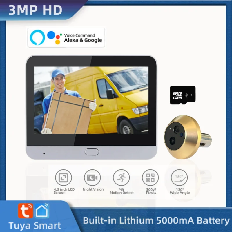 Tuya 스마트 보안 홈 2.4G Wifi 도어 틈 구멍 비디오 아이 카메라 4.3 인치 LCD 3MP 편도 오디오 무선 도어 카메라