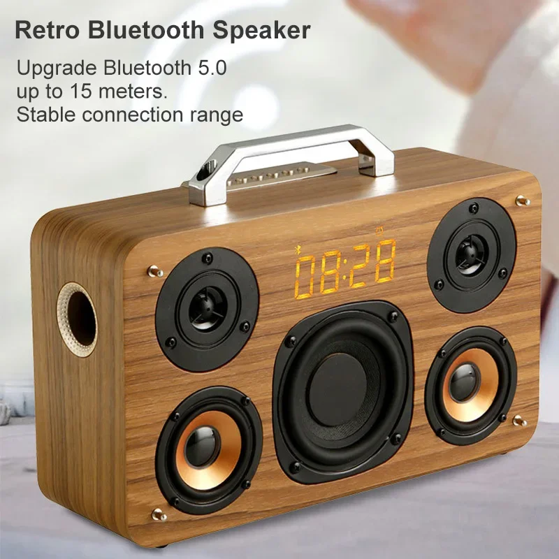 Retro Portable Bluetooth Speaker Powerful Bass Wooden High-Fidelity Audio Stereo Surround Multi-function Subwoofer with Clock