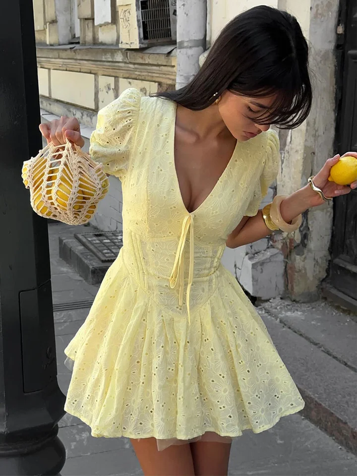 Tossy Yellow Lace-Up Printed Mini Dress Women's V-Neck Slim Short Sleeve  Elegant Commute Bandage Dress Evening Ladies Clothes - AliExpress 200000345