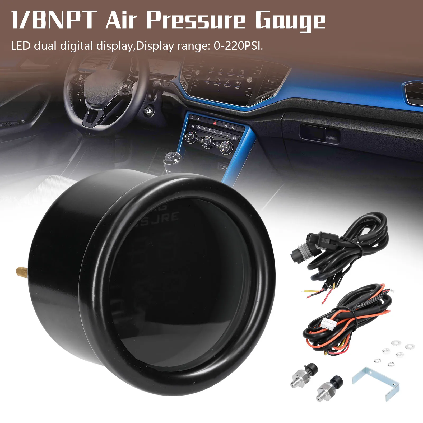 Dual Display Air Pressure Guage LED Digital Air Suspension Gauge 0-220PSI with 1/8NPT Sensors Air Pressure Display Meter
