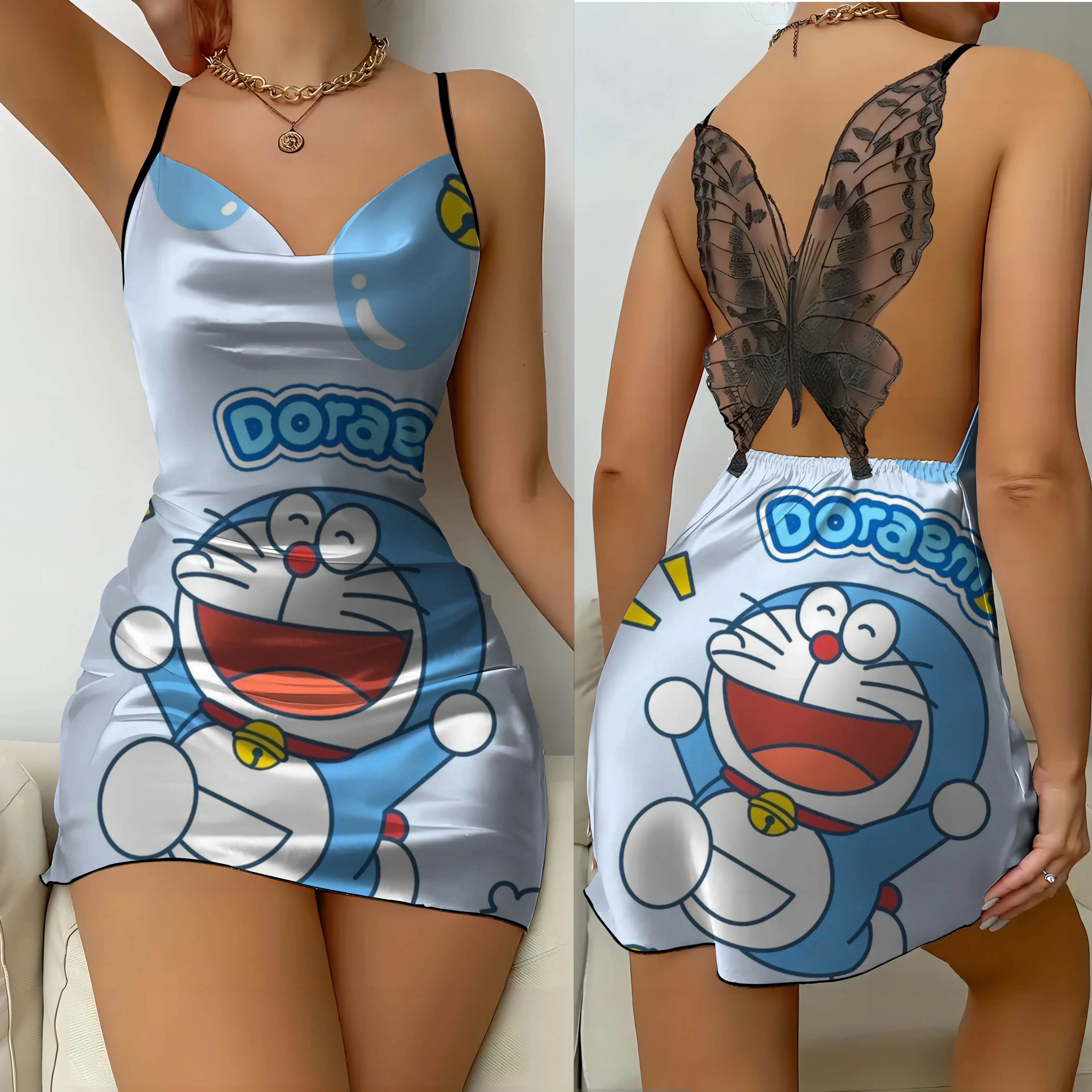 Party Dresses Bow Knot Home Dress Satin Surface Doraemon Pajama Skirt Womens Fashion Summer 2024 Mini Sexy Lace Backless Women's