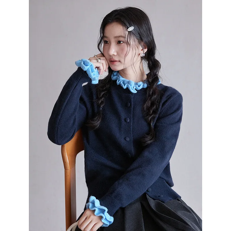 

French double-layer lace knitted cardigan women's winter new long sleeved sweater women