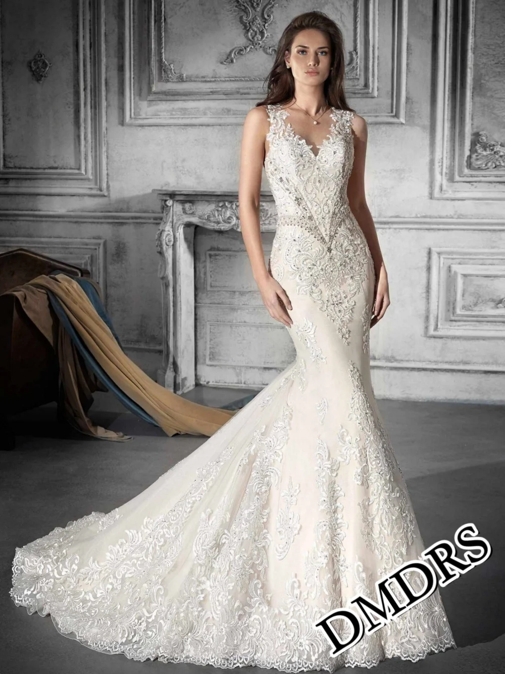 

DMDRS Charming V-Neck Wedding Dress Classic Mermaid Bridal Gowns Formal Appliquéd Floor-Length Wedding Gowns Vestidos De Novia