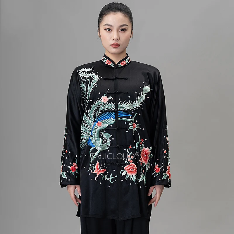 Black Phoenix Embroidery Silk Tai Chi Costume - Flowing Martial Arts Uniform for Competition, Training & Baduanjin Exercise - Image 3