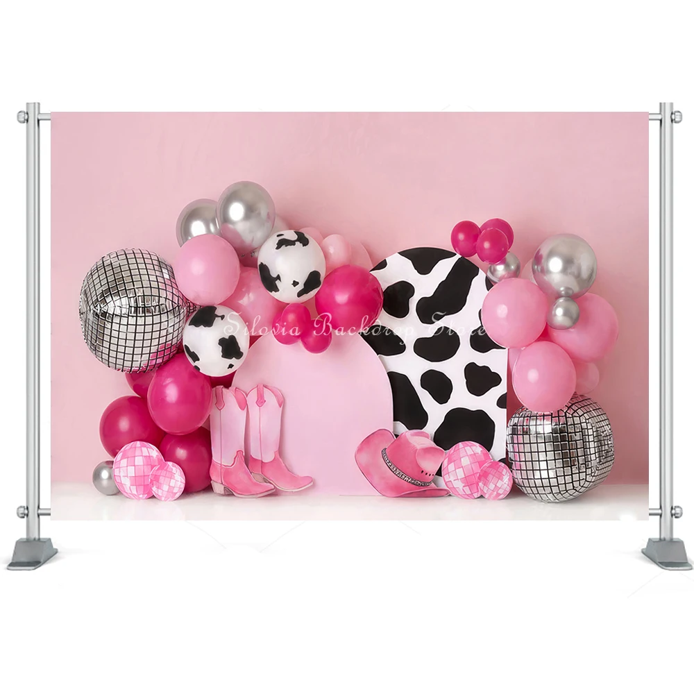 Disco Cowgirl Photo Background for Birthday Cake Smash Photo Studio Props Pink and Black White Balloons Photography Backdrop