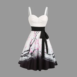 Vrouwen Mini Jurken Sweetheart Hals Pruimenbloesem Print Ruches Buste Tank Riem Zomer Jurk Elegante Mouwloze Jurk Vestidos