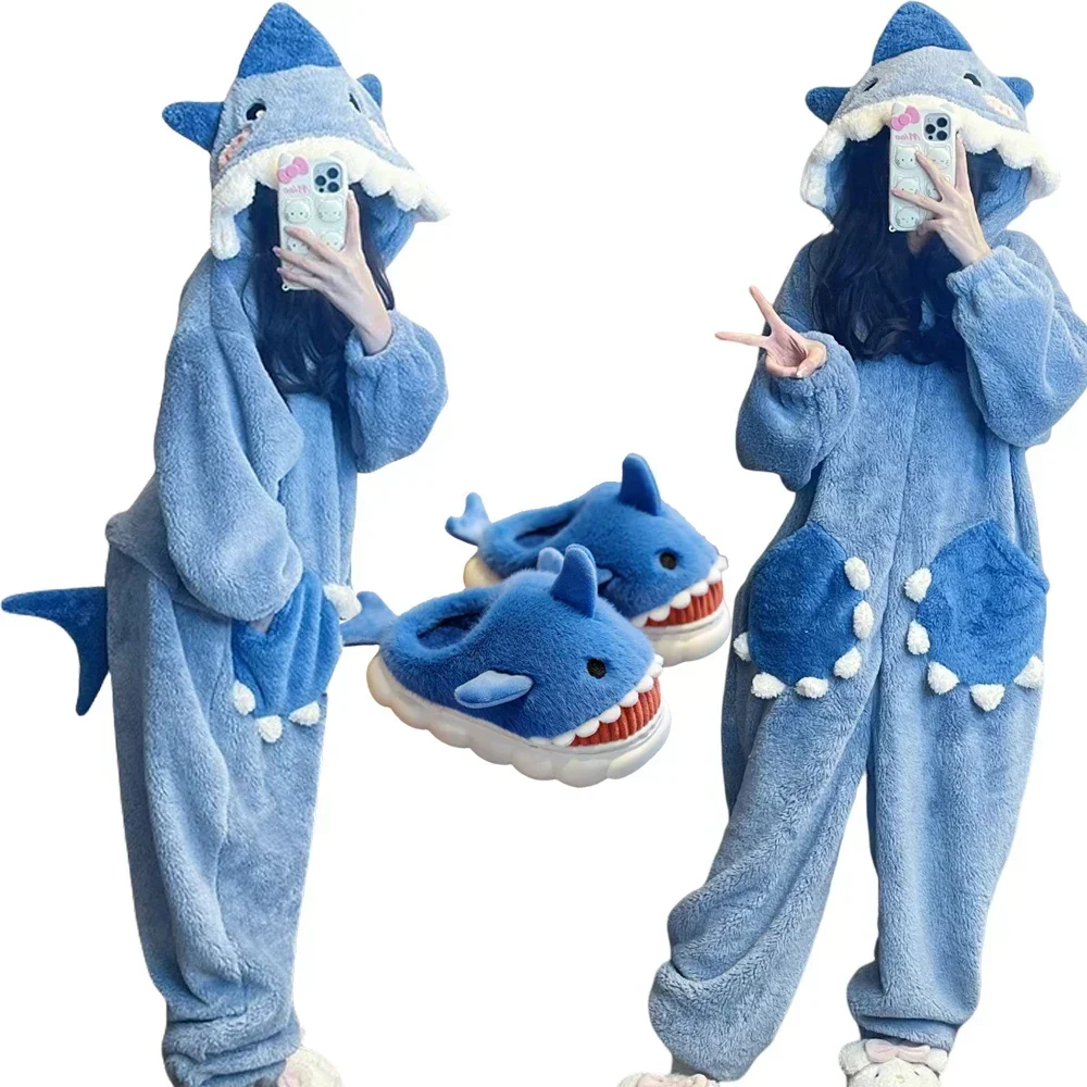 Pijama de Invierno con Capucha de Tiburón de Dibujos Animados para Mujer, Kigurumi de Unicornio, Disfraz de Cosplay, Mono de Pijama, Ropa de Estar por Casa para Fiesta de Navidad