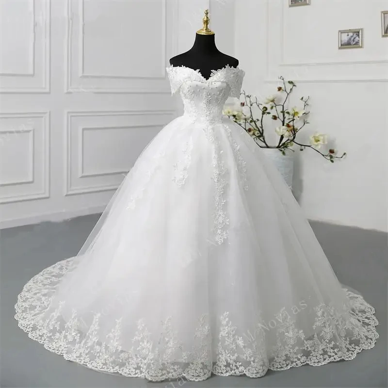 

C&C Off Shoulder Plus Size Vestido De Noiva 2024 Wedding Dress Long Train or Floor Appliqes Pearls Bridal Tulle Mariage