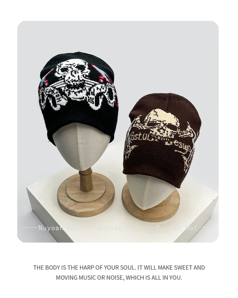 Neue Herren- und Damenmützen im Dunklen Stil mit Flammen-Totenkopf-Jacquardmuster, Warme Hip-Hop Mode Persönliche Beanies, Vielseitige Retro-Nischen-Streetwear – Detail 5