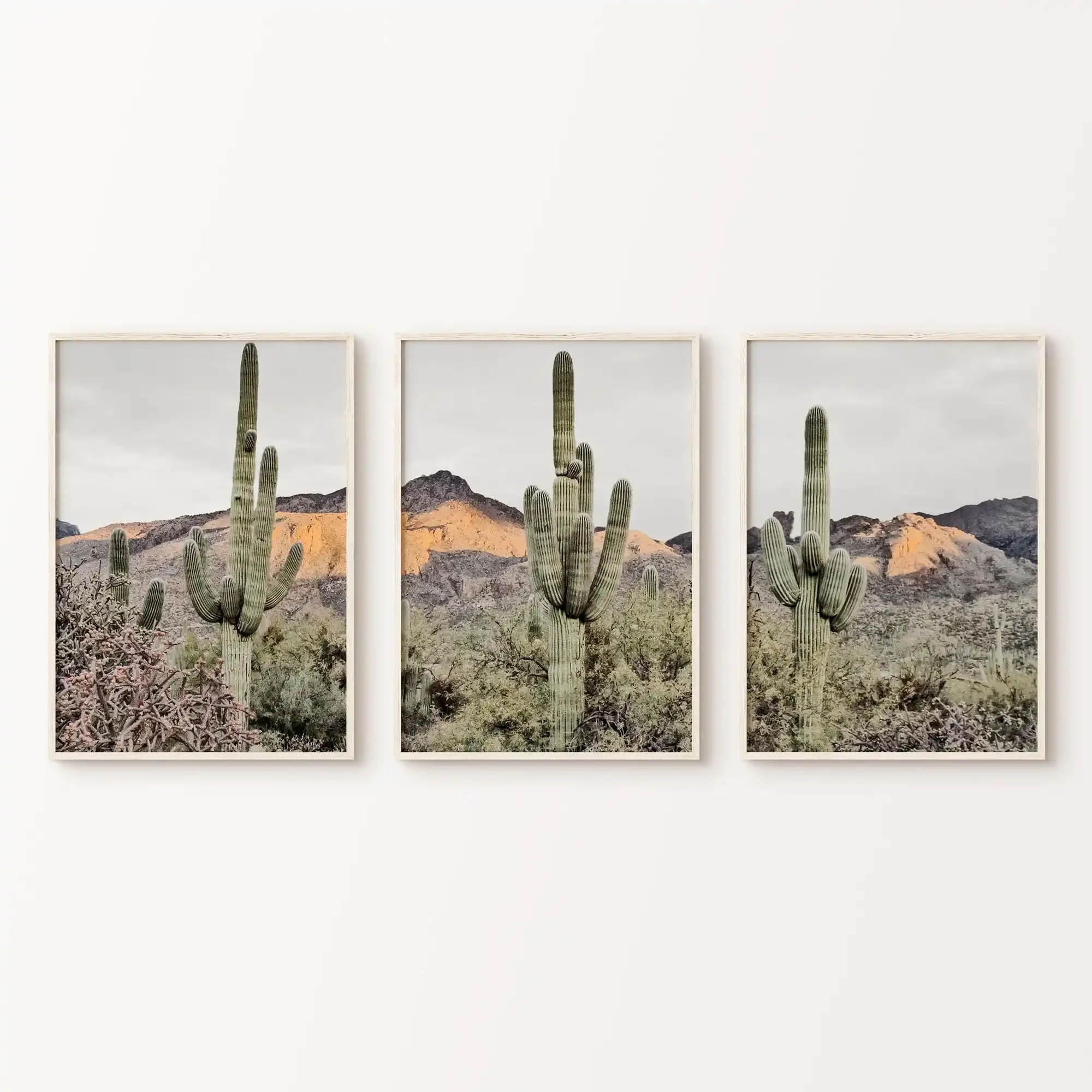 3pcs frameless Canvas Painting Saguaro Desert 3-Piece Photography Set – Arizona Landscape Split Prints, Saguaro Cactus Wall Art