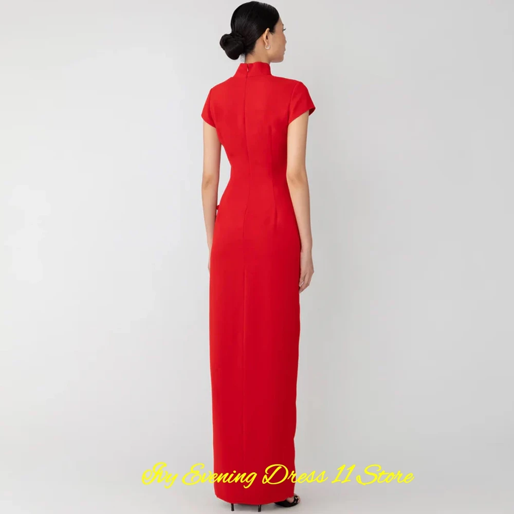 Graceful High Collar Evening Dress Simple Jersey Buttons Customized Cocktail Dresses Delicate Short Sleeves Ruched Prom Dress