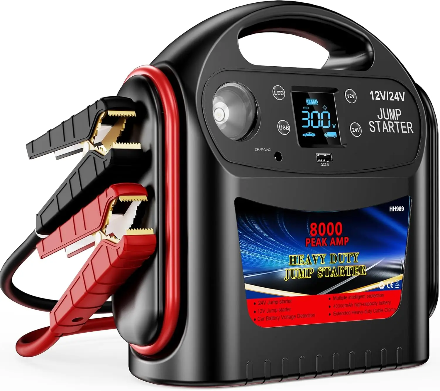

8000A Car Battery Jump Starter for All Gas/Diesel, 12V/24V Intelligent Portable Power Pack with LED Light