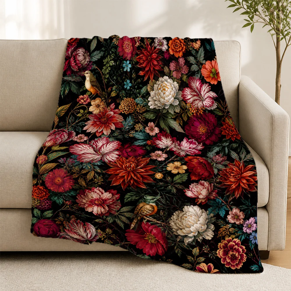 Luxurious Botanical Floral Throw Blanket for Sofa Couch Living Room Decor Boho Cottagecore Style Fall Winter Seasonal Accent