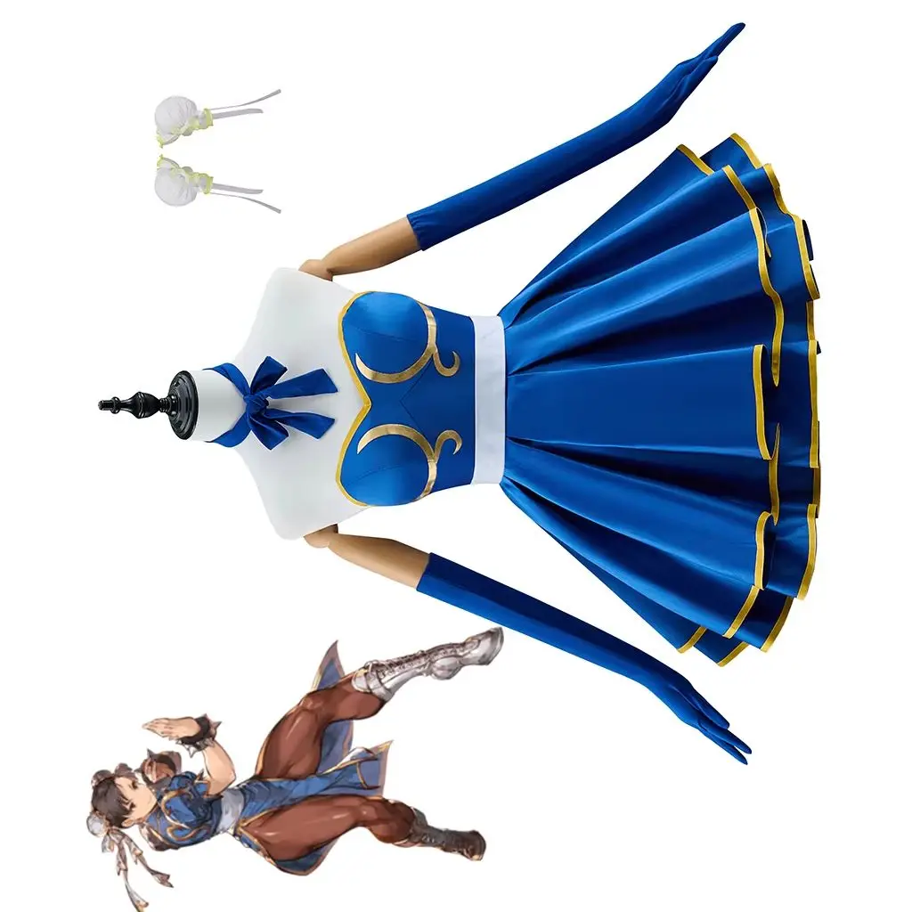 

Chun Li Cosplay Costume Sexy Women Blue Tube Top Dress Full Set Combat Suit Halloween Carnival Party Disguise Kungfu Outfits