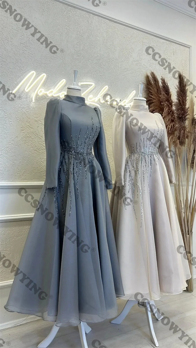 

Muslim High Neck Beaded Evening Dresses Long Sleeve A Line Islamic Hijab Formal Party Gown Women Arabic Dubai Robe De Soiree