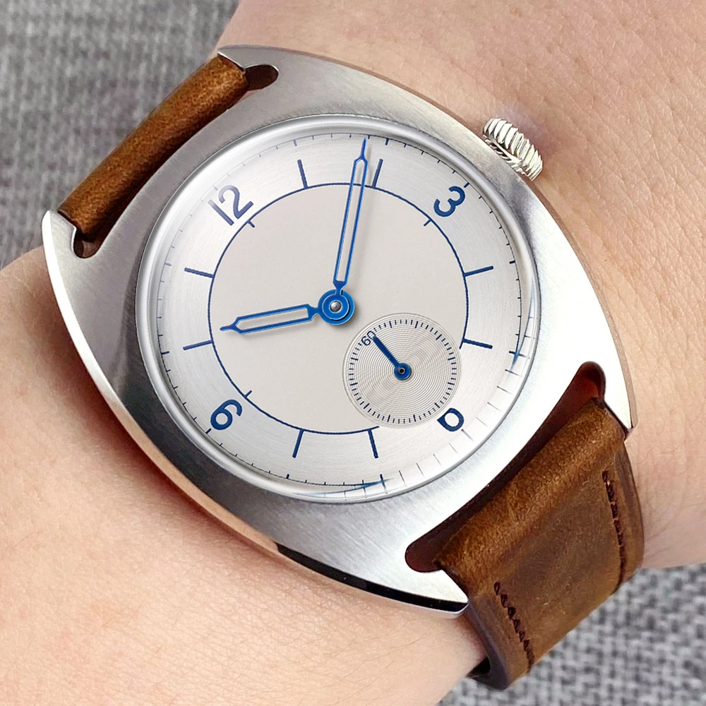 New PARNIS 36mm White Sterile Dial Military ST1701 Auto Brushed Stainless Steel Men Watch Leather Strap Small Dial Mineral Glass