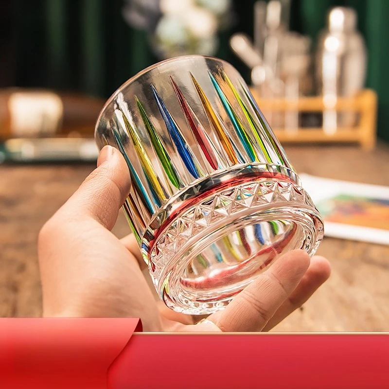 

European Hand Painted Colorful Glass Cup Creative Whiskey Glass Bar Stripes Engraved Wine Glass