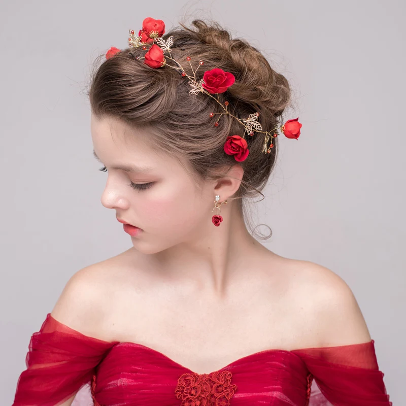 O518 Elegant Wedding Bridal Headband Red Cloth-Art Flowers Bridesmaid Headpiece Women Pageant Prom Hair Accessories