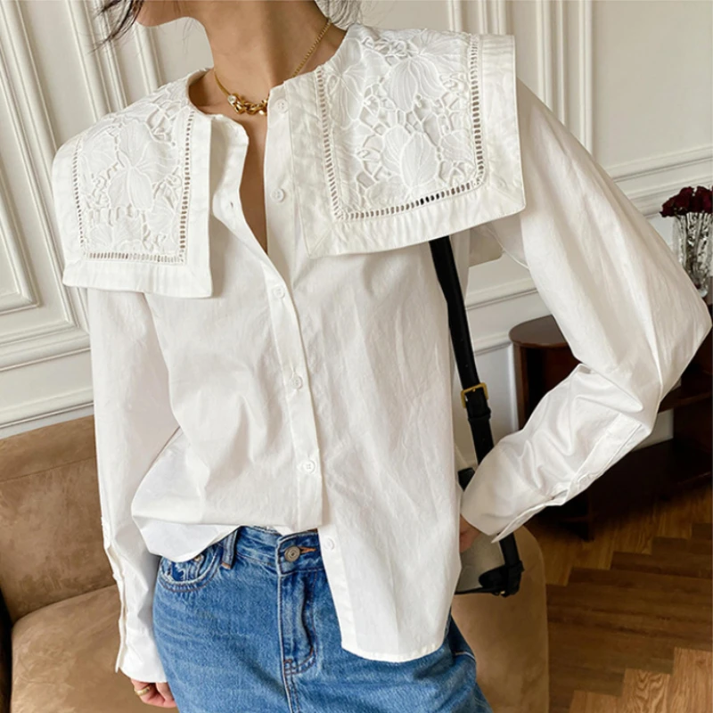 

Floral Embroidey Neck Long Sleeve White Blouses shirts For Women Lace 100% Cotton Boho Casual Spring Summer Blouse Ladies Tops