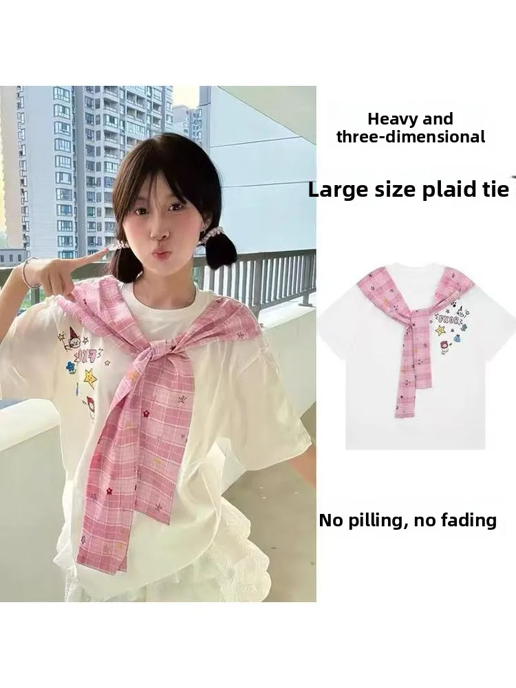 

Американская ретро-футболка в клетку с имитацией двухслойности, свободного кроя, с коротким рукавом, женская, летняя, повседневная, удобная, дышащая, топ