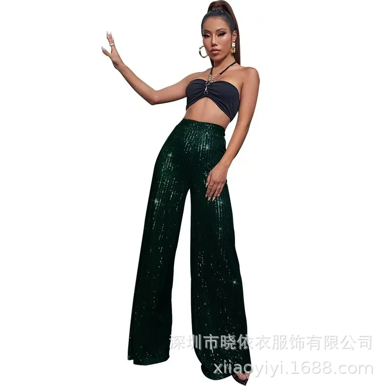New Women's Solid Color Wide-leg Pants Casual Fashion Elegant Black Sequins Holiday For Women Long Pant Womens Clothing