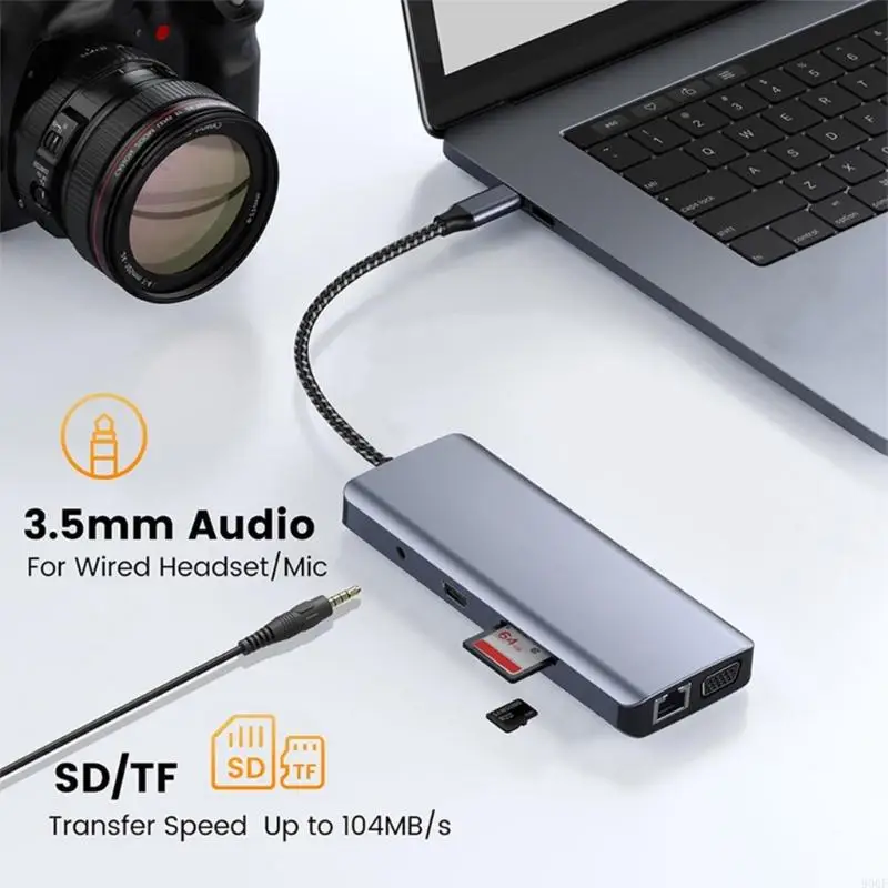 

900F Type C Docking Station to HDTV Output Gigabit Ethernet Port TF Card Reader Slot 3.5mm USB Splitter Cable for Phone