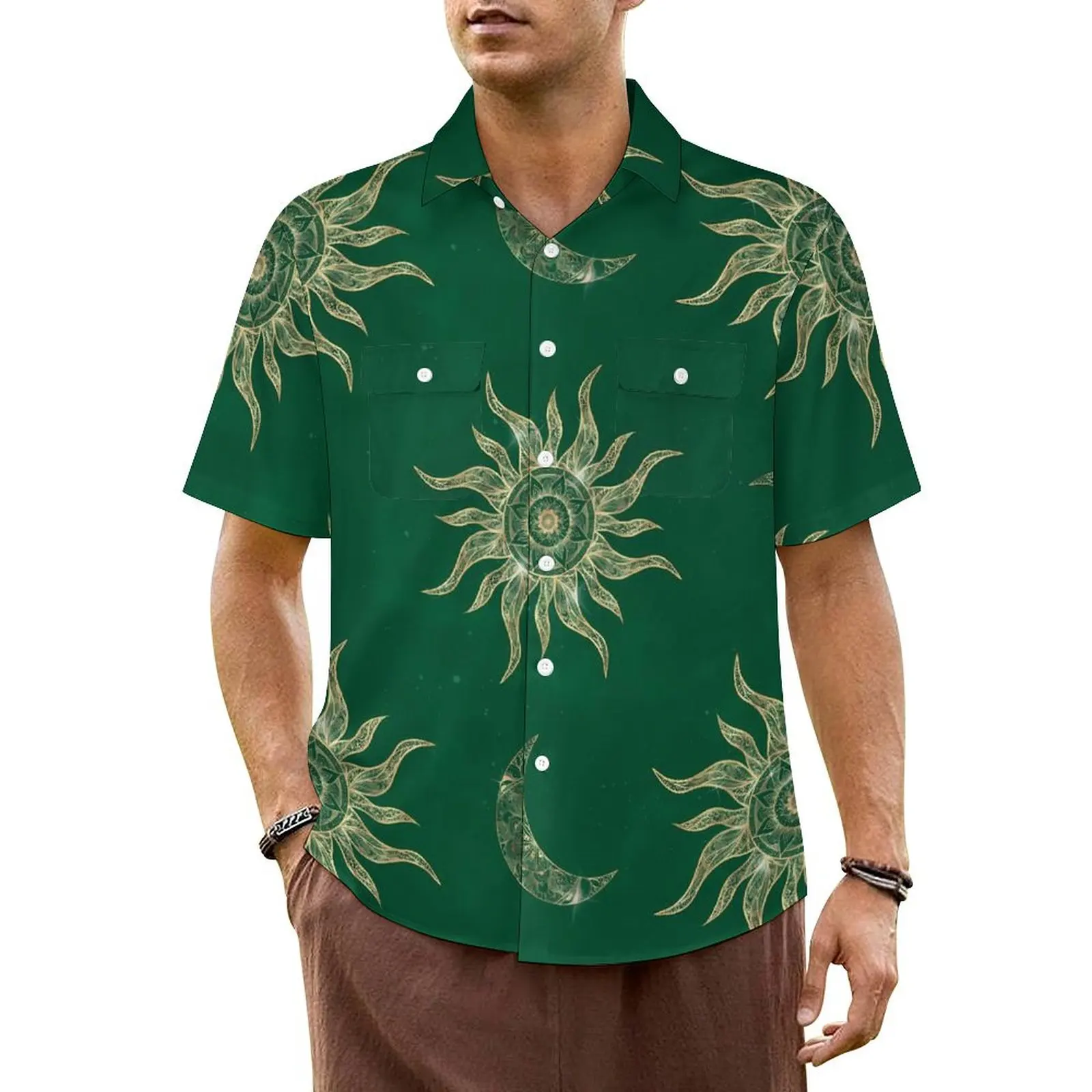 

Gold Sun Moon Casual Shirt Mandala Green Novelty Summer Shirts Mens Short Sleeve Vacation Y2K Fashion Printed Oversize Blouses