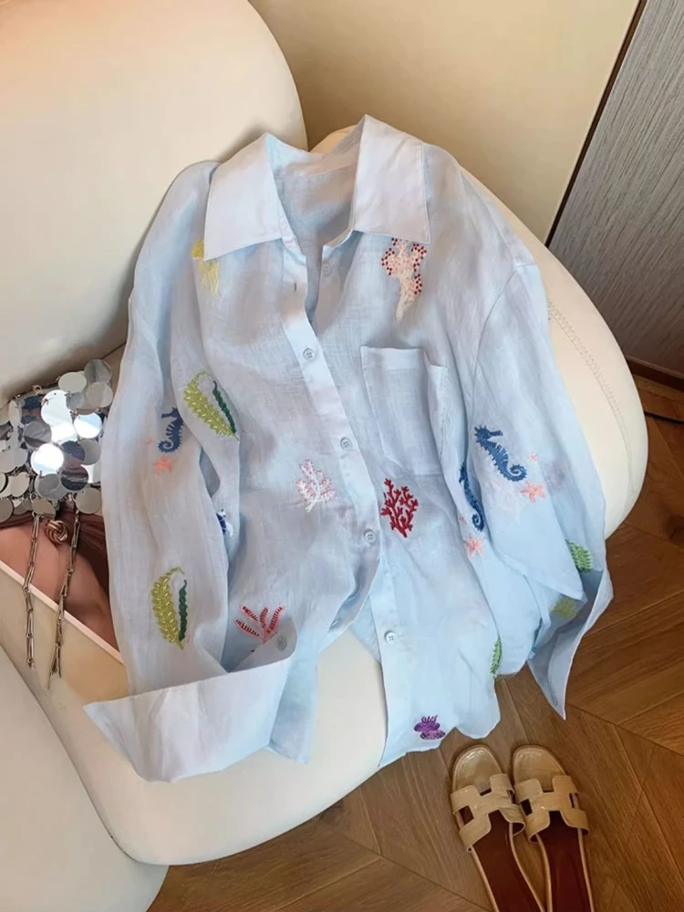 Women's Cartoon Embroidered Blouse Cute Colorful Floral Chiffon Sheer Shirt, Loose Long Sleeve Summer Sun Protective Cover Top