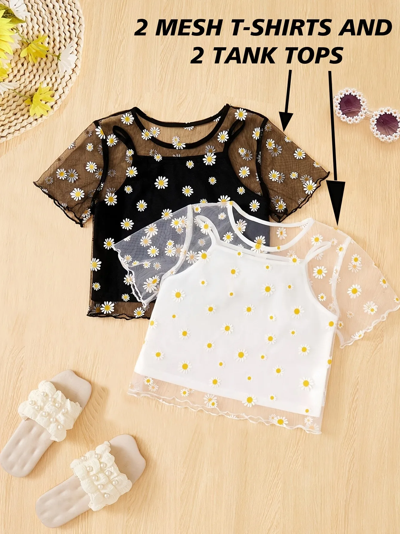 Comfy Kids Girls 4-Piece Summer Set, Breathable Daisy Print Mesh Tops & Tank Tops for Casual & Vacation