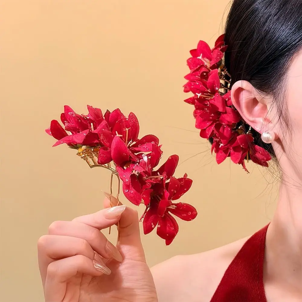 

Rose Flower Red Flower Hairpin Super Fairy Chinese Style Bridal Hair Ornament Vintage Decorative Traditional Hair Accessory