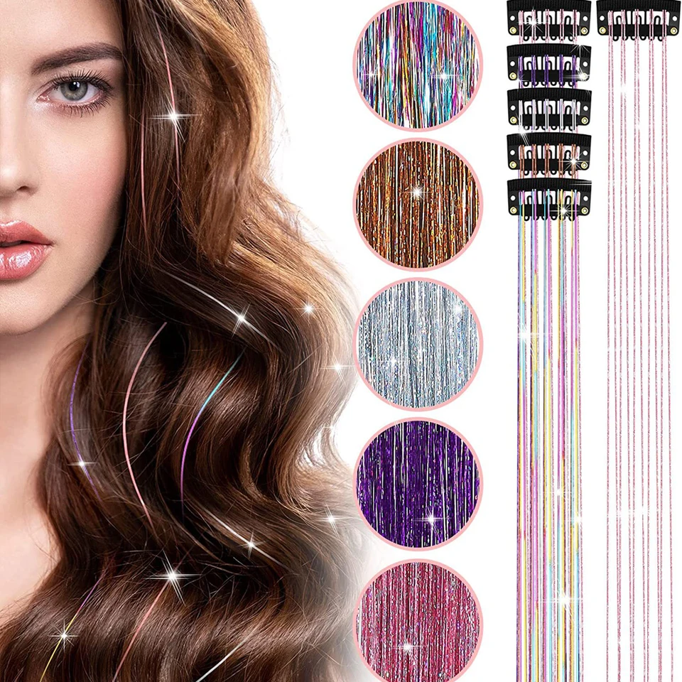 Kit de brillantina para cabello sintético, 12 piezas de 20 pulgadas, con clip, resistente al calor, brillante y mágico 3