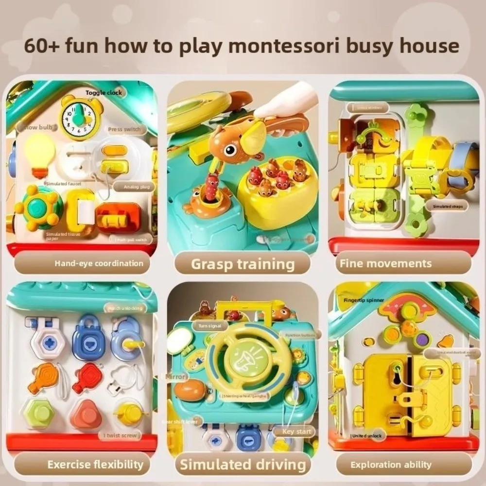 Nieuw 63-IN-1 Montessori Busy Board Algemene kennispuzzel Vroeg onderwijs Zintuiglijke ontwikkeling Stuurwiel voor