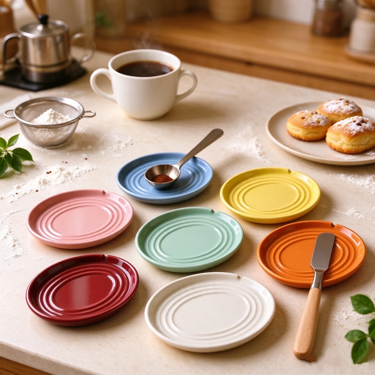 Color Ceramic Spoon Pot Holder Kitchen Home Use Pure Color Restaurant Soup Spoon Tray round Shape Single Layer Fork Kitchen