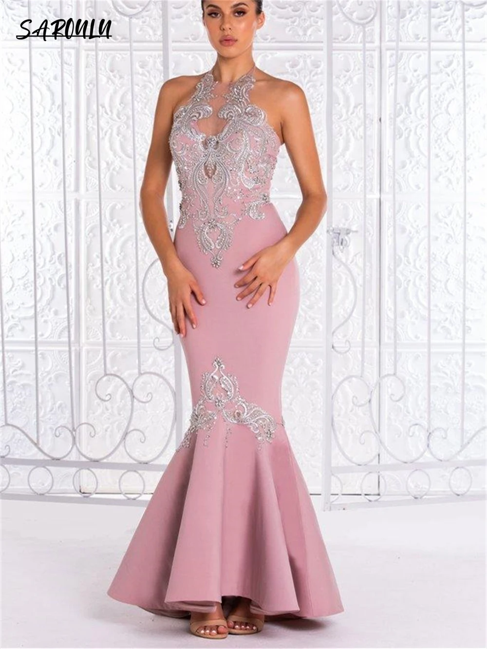 Long Elegant Prom Dress Satin Dusty Rose Mermaid Evening Dress Halter Silver Lace Appliques Flare Skirt Party Gown Wedding Guest