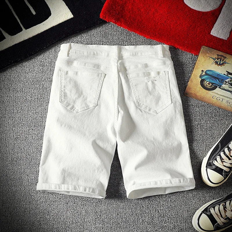 Men White Denim Shorts Summer Holes Casual Shorts Stretch Jeans Men Cotton Solid Slim Fit Shorts Pants Elastic Knee Length Pants