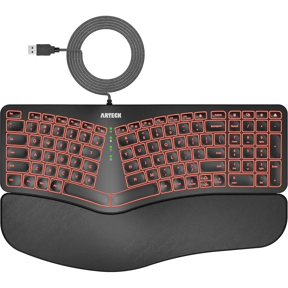 Cushioned Wrist Rest Ergonomic USB Wired Keyboard with 7 Color Backlit for PC and Laptop