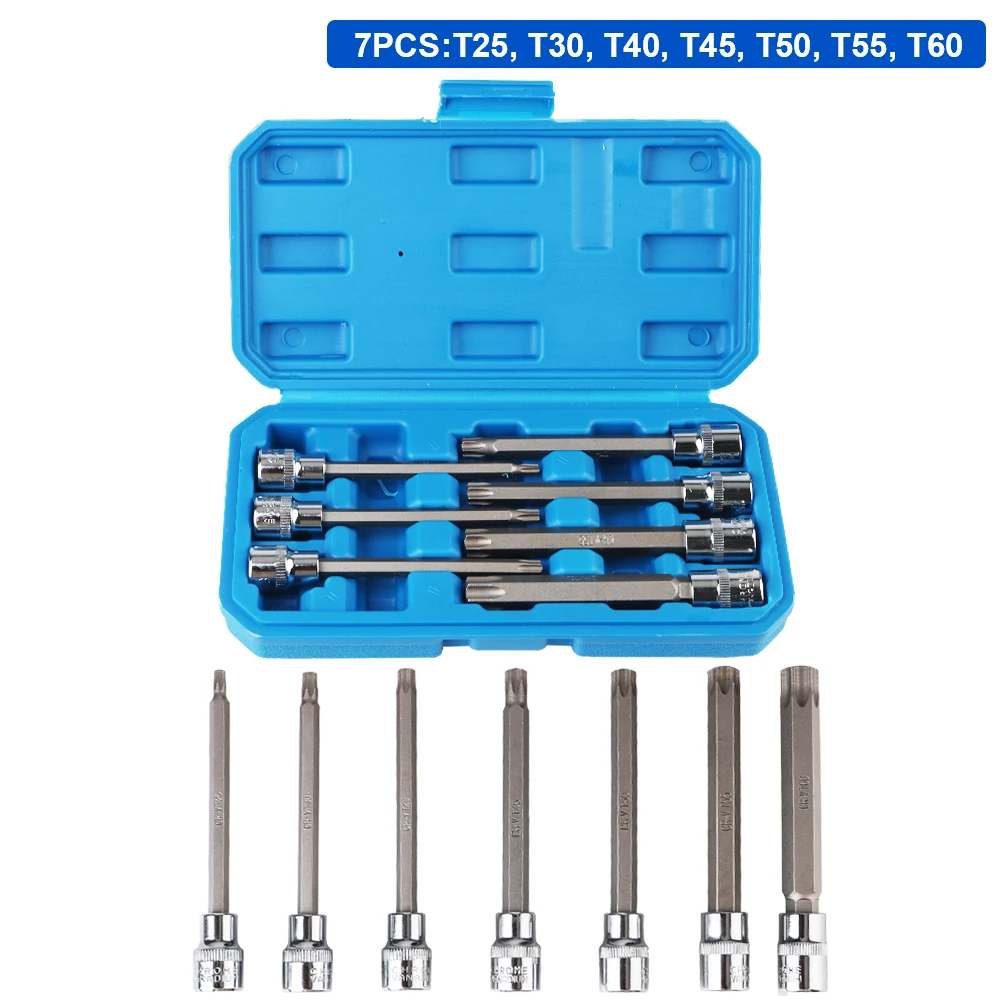 

Torx Star Bit Socket Set 7Pcs Chrome-Vanadium Steel Drive Extra Long 3/8inch T25, T30, T40, T45, T50, T55, T60 Size