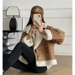 2024 OFTBUY New Coat Women Winter Fashion Cool Motorcycle Thick Jackets for Women Modern Eco-friendly Leather+ Imitation Wool