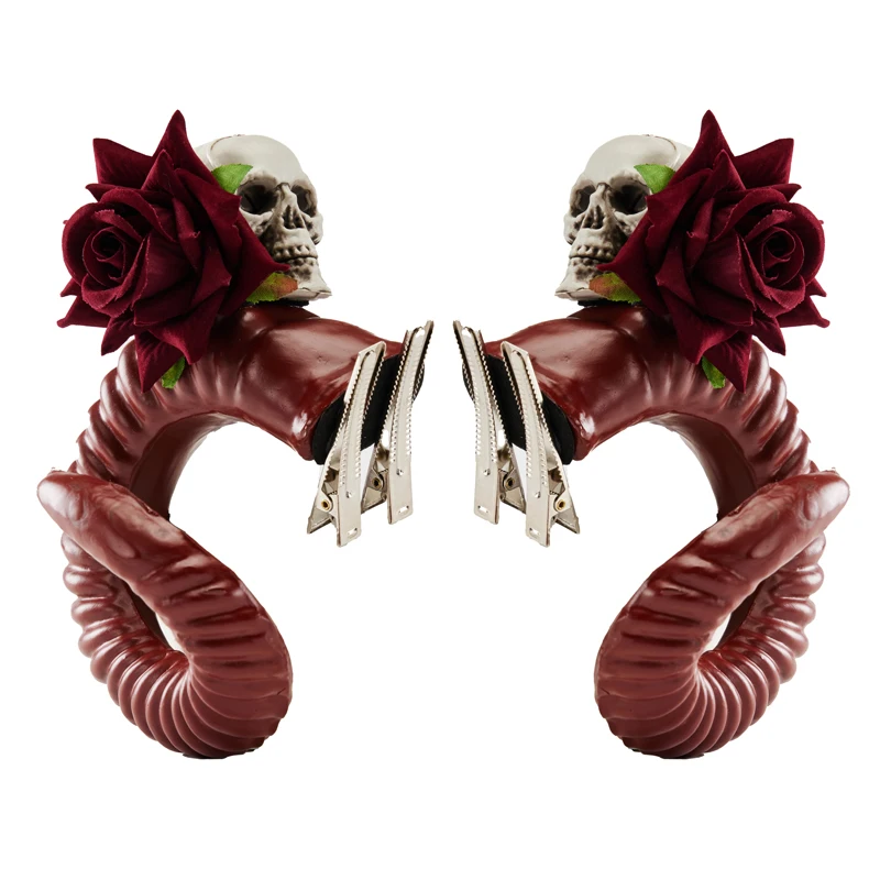 할로윈 악마 뿔 헤어 클립, 고딕 레트로 해골 장미 머리핀, 로이타 양 뿔 바레트 헤드피스 의상, 헤어 액세서리
