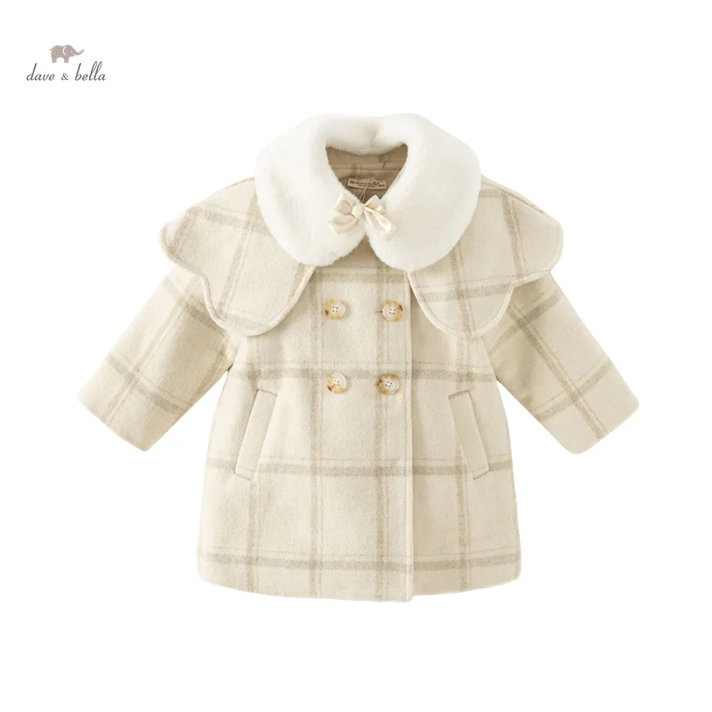 Dave Bella Children Girl\'s Woollen Coat 2023 Winter New Fashion Casual Wool Overcoat Tops Outdoor Party Warm Noble DB4237332