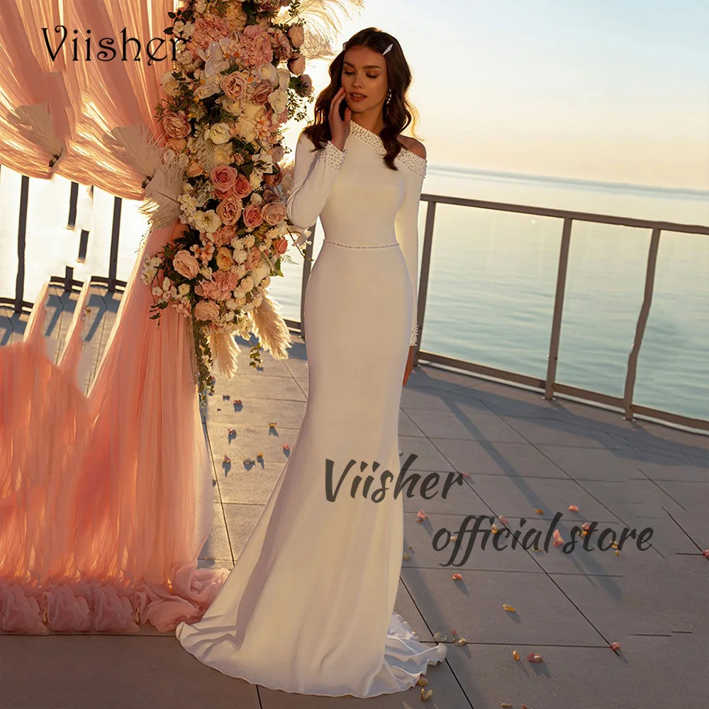 

Viisher White Mermaid Wedding Dresses for Bride Long Sleeve Pearls Satin Bodycon Bridal Gowns with Train Beach Wedding Gowns